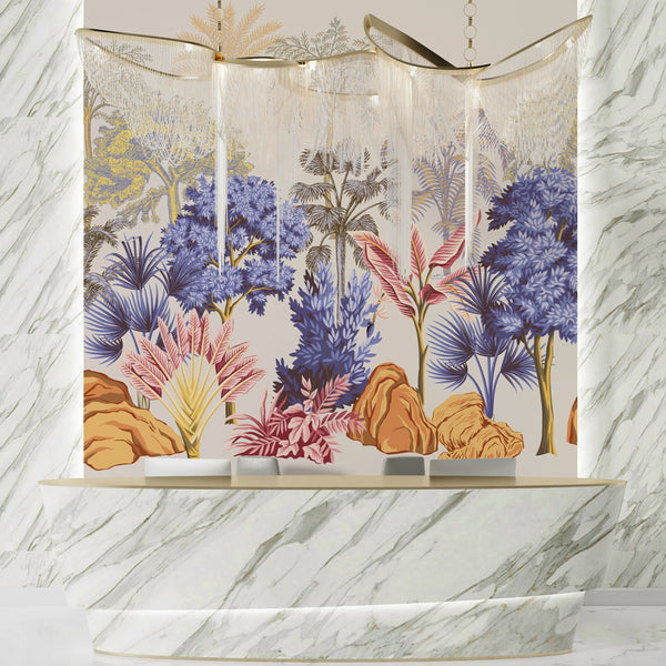 Tropical Vintage Landscape Wallpaper, Trees Wall Mural, Oversized Custom Size Wall Art, Non-Woven, Non-Adhesive, Modern Wall Paper, Removable