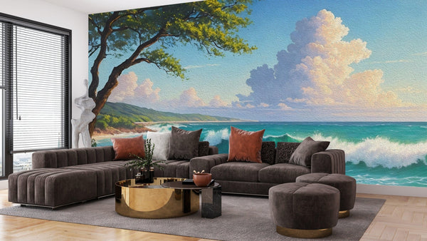 Beautiful Sea Waves and Tree Wallpaper, Oil Painting Mural, Oversized Custom Size Wall Art, Non - Woven, Non - Adhesive, Modern Wall Paper, Removable - Adawall Wallpaper - Registered Trade Accounts Only, Wallpaper Wholesale Account - W77608 - Adawall Wholesale - Wallpaper Wholesaler