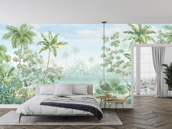 Tropic Flowers Wallpaper, Landscape Mural, Oversized Custom Size Wall Art, Non-Woven, Non-Adhesive, Modern Wall Paper, Removable
