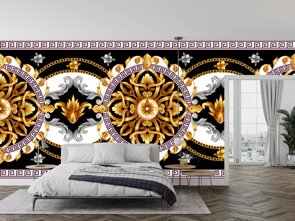 Golden Baroque Wallpaper, Black Background Mural, Oversized Custom Size Wall Art, Non-Woven, Non-Adhesive, Modern Wall Paper, Removable