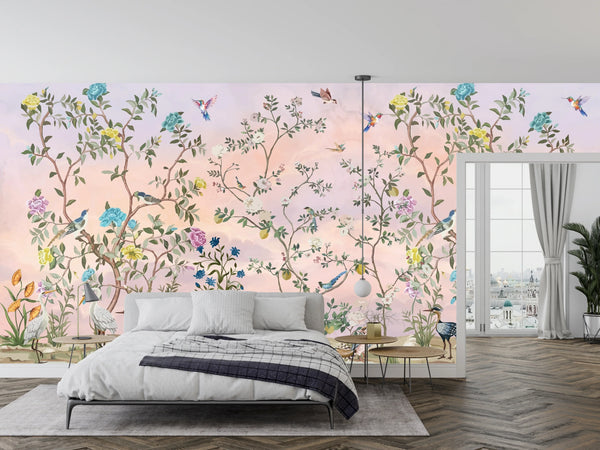 Chinoiserie Wallpaper, Floral Trees Mural, Oversized Custom Size Wall Art, Non-Woven, Non-Adhesive, Modern Wall Paper, Removable