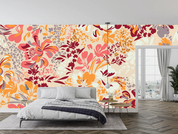 Floral Red and Yellow Wallpaper, Seamless Pattern Mural, Oversized Custom Size Wall Art, Non-Woven, Non-Adhesive, Modern Wall Paper, Removable