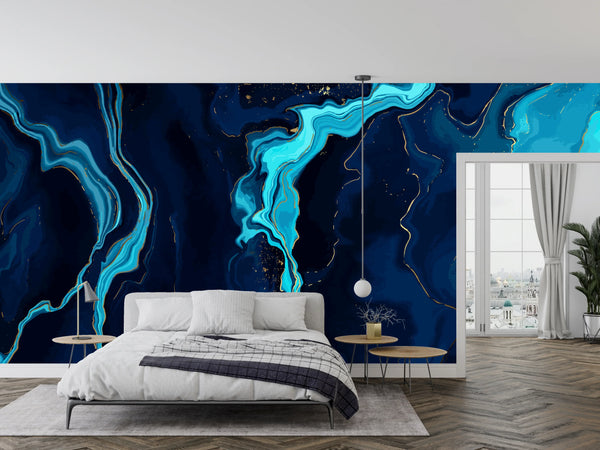 Dark Blue Marble Wallpaper, Gold Abstract Mural, Oversized Custom Size Wall Art, Non-Woven, Non-Adhesive, Modern Wall Paper, Removable