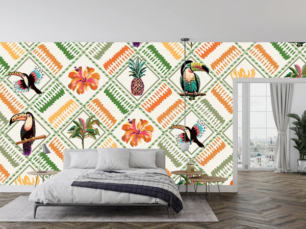 Tropical, Parrot, Pineapple Wallpaper, Seamless Pattern Mural, Oversized Custom Size Wall Art, Non-Woven, Non-Adhesive, Modern Wall Paper, Removable