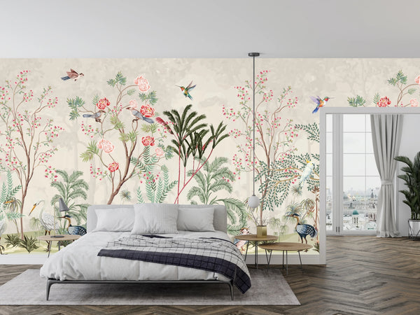Blossom Trees Wallpaper, Sparrows Mural, Oversized Custom Size Wall Art, Non-Woven, Non-Adhesive, Modern Wall Paper, Removable