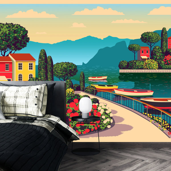 Mediterranean Romantic Landscape Wallpaper, Handmade Drawing Mural, Oversized Custom Size Wall Art, Non-Woven, Non-Adhesive, Modern Wall Paper, Removable