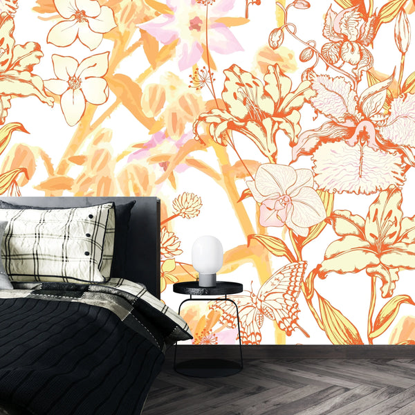 Fantastic Flowers and Butterflies Wallpaper, Seamless Pattern Mural, Oversized Custom Size Wall Art, Non-Woven, Non-Adhesive, Modern Wall Paper, Removable