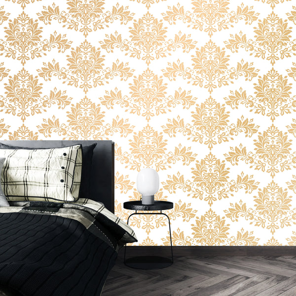 Gold Damask Wallpaper, Seamless Pattern Mural, Oversized Custom Size Wall Art, Non-Woven, Non-Adhesive, Modern Wall Paper, Removable
