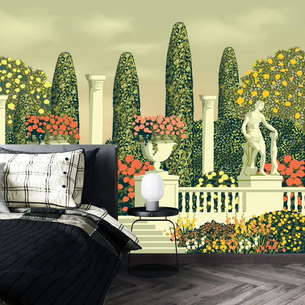 Flower Beds Wallpaper, Terrace in the Park Mural, Oversized Custom Size Wall Art, Non-Woven, Non-Adhesive, Modern Wall Paper, Removable