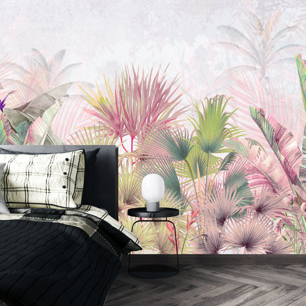 Tropical Forest, Pastel Colors Wallpaper, Leaves and Trees Mural, Oversized Custom Size Wall Art, Non-Woven, Non-Adhesive, Modern Wall Paper, Removable