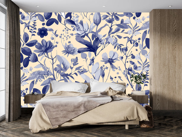 Purple Floral Wallpaper, Seamless Pattern Mural, Oversized Custom Size Wall Art, Non-Woven, Non-Adhesive, Modern Wall Paper, Removable