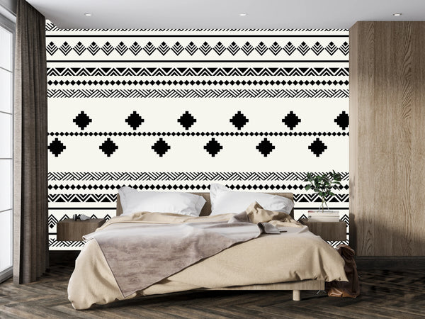Ethnic Tribal Black and White Wallpaper, Seamless Pattern Mural, Oversized Custom Size Wall Art, Non-Woven, Non-Adhesive, Modern Wall Paper, Removable