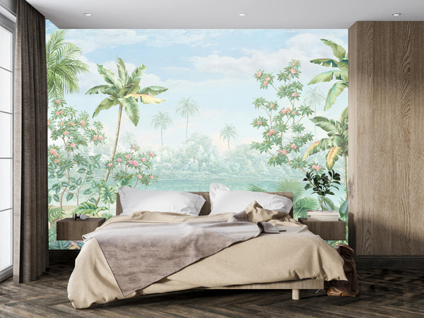 Tropic Flowers Wallpaper, Landscape Mural, Oversized Custom Size Wall Art, Non-Woven, Non-Adhesive, Modern Wall Paper, Removable