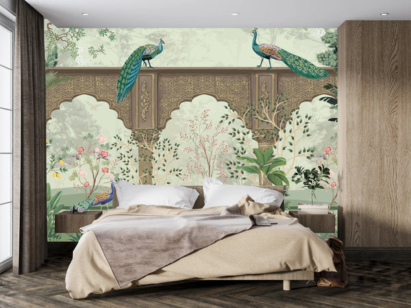 Traditional Mughal Garden Wallpaper, Peacock, Brown Arch Mural, Oversized Custom Size Wall Art, Non-Woven, Non-Adhesive, Modern Wall Paper, Removable