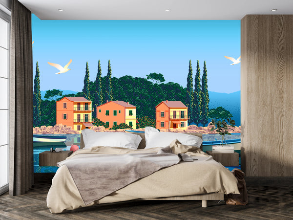 Mediterranean Landscape Wallpaper, Boats, Sea Mural, Oversized Custom Size Wall Art, Non-Woven, Non-Adhesive, Modern Wall Paper, Removable