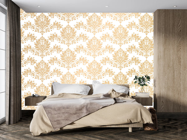 Gold Damask Wallpaper, Seamless Pattern Mural, Oversized Custom Size Wall Art, Non-Woven, Non-Adhesive, Modern Wall Paper, Removable