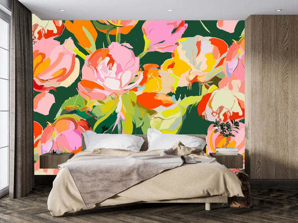 Colorful Bright Floral Wallpaper, Seamless Pattern Mural, Oversized Custom Size Wall Art, Non-Woven, Non-Adhesive, Modern Wall Paper, Removable