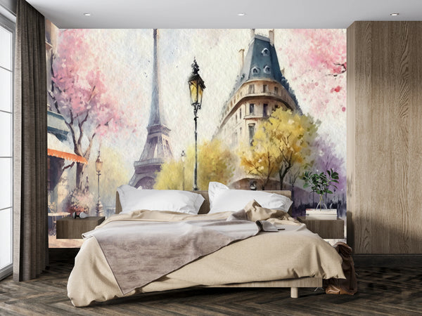 Spring in Paris Watercolor Wallpaper, Eiffel Tower Mural, Oversized Custom Size Wall Art, Non-Woven, Non-Adhesive, Modern Wall Paper, Removable