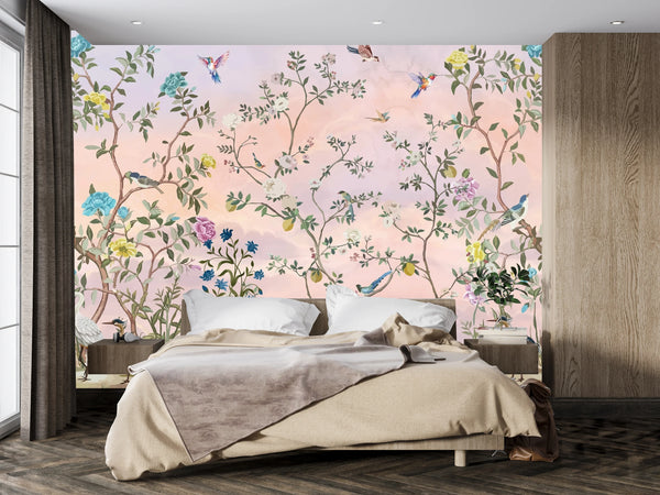 Chinoiserie Wallpaper, Floral Trees Mural, Oversized Custom Size Wall Art, Non-Woven, Non-Adhesive, Modern Wall Paper, Removable