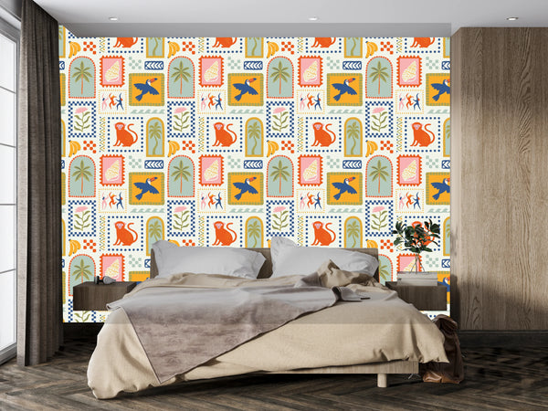 Retro Tropical Summer Wallpaper, Seamless Pattern Mural, Oversized Custom Size Wall Art, Non-Woven, Non-Adhesive, Modern Wall Paper, Removable
