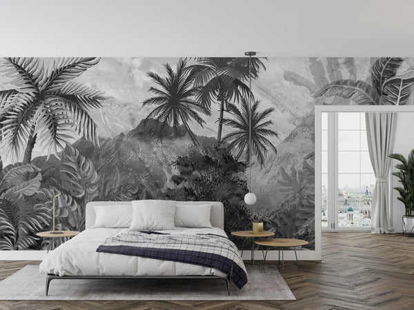 Black and White Jungle Wallpaper, Exotic Trees Mural, Oversized Custom Size Wall Art, Non-Woven, Non-Adhesive, Modern Wall Paper, Removable