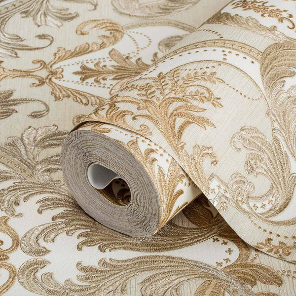 Beige, Gold Luxury 3D Damask Wallpaper, Premium Sparkling Velvet Feeling Flocked Wallcovering - Adawall Wallpaper - Registered Trade Accounts Only, Wallpaper Wholesale Account - 1002-4 - Adawall Wholesale - Wallpaper Wholesaler