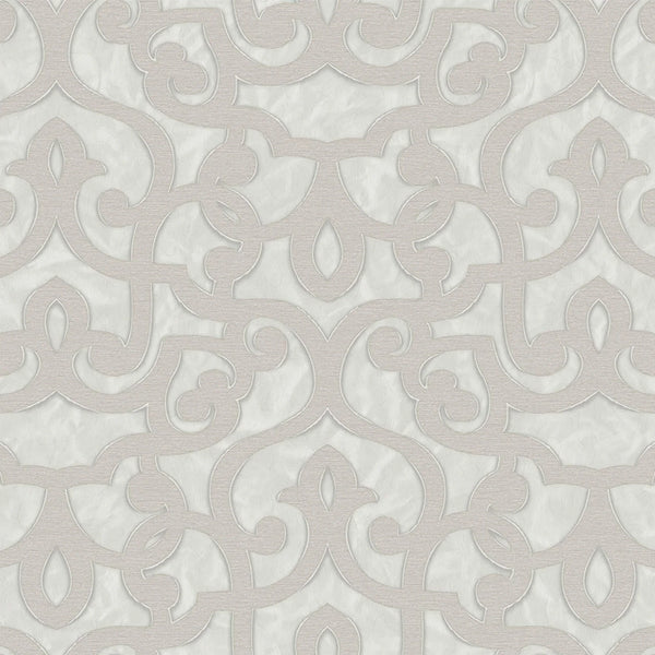 Beige Lace Trellis Wallpaper, Shiny Silver Gold Patterns Faded Colors Damask Design - Walloro High End Wallcoverings & More