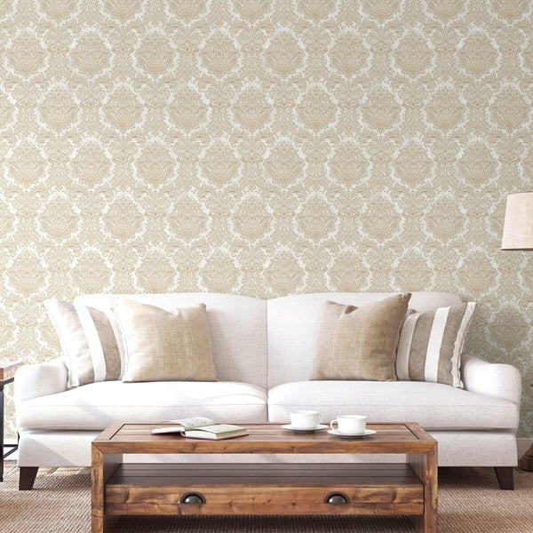 Beige Rich Baroque Damask Wallpaper Deep Embossed Shimmering Vintage Design - Walloro High End Wallcoverings & More