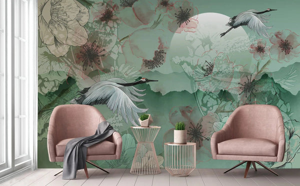 Birds Scene Wall Mural, Green Botanical Tropical Wallpaper, Nature, Customized Wall Mural, Durable, Non - Woven Wall Paper, Non - Adhesive, Removable - Adawall Wallpaper - Registered Trade Accounts Only, Wallpaper Wholesale Account - A304-3 - Adawall Wholesale - Wallpaper Wholesaler
