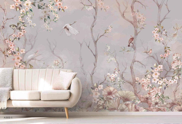 Birds Trees Nature Scene Wallpaper, Tropical Botanical Wall Mural, Gray Customized Wallpaper, Home Decor, Bedroom, Store, Forest Large Wall Art - Adawall Wallpaper - Registered Trade Accounts Only, Wallpaper Wholesale Account - A305-1 - Adawall Wholesale - Wallpaper Wholesaler
