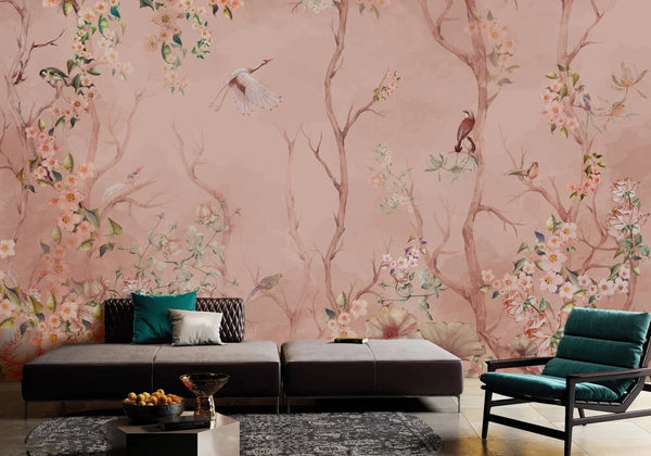 Birds Trees Nature Scene Wallpaper, Tropical Botanical Wall Mural, Pink Customized Wallpaper, Home Decor, Bedroom, Store, Forest Large Wall Art - Adawall Wallpaper - Registered Trade Accounts Only, Wallpaper Wholesale Account - A305-2 - Adawall Wholesale - Wallpaper Wholesaler