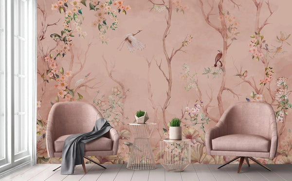 Birds Trees Nature Scene Wallpaper, Tropical Botanical Wall Mural, Pink Customized Wallpaper, Home Decor, Bedroom, Store, Forest Large Wall Art - Adawall Wallpaper - Registered Trade Accounts Only, Wallpaper Wholesale Account - A305-2 - Adawall Wholesale - Wallpaper Wholesaler