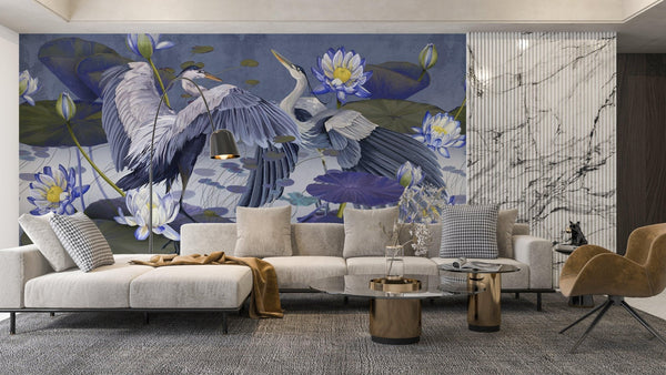 Birds Wallpaper, Lotus and Blue Background Mural, Oversized Custom Size Wall Art, Non - Woven, Non - Adhesive, Modern Wall Paper, Removable - Adawall Wallpaper - Registered Trade Accounts Only, Wallpaper Wholesale Account - W77502 - Adawall Wholesale - Wallpaper Wholesaler