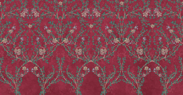 Blossom Chinoiserie Floral Wall Mural, Flower Bloom Red Wallpaper, Large Botanical Customized Wall Art, Non-Woven, Non-Adhesive, Removable - Walloro High End Wallcoverings & More