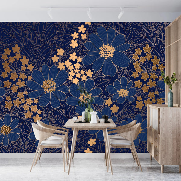 Blue and Gold Floral Wallpaper, Seamless Pattern Mural, Oversized Custom Size Wall Art, Non - Woven, Non - Adhesive, Modern Wall Paper, Removable - Adawall Wallpaper - Registered Trade Accounts Only, Wallpaper Wholesale Account - W77846 - Adawall Wholesale - Wallpaper Wholesaler