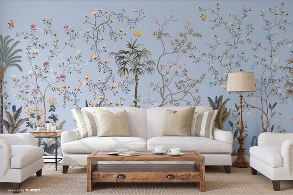 Blue Botanical Wall Mural, Butterfly Flowers Chinoiserie Wallpaper, Nature Theme Custom Size Wall Covering, Non - Woven, Non - Pasted, Removable, Washable - Adawall Wallpaper - Registered Trade Accounts Only, Wallpaper Wholesale Account - FJ305-3 - Adawall Wholesale - Wallpaper Wholesaler