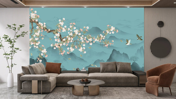 Blue Chinoiserie Wallpaper, Tree and Birds Mural, Oversized Custom Size Wall Art, Non - Woven, Non - Adhesive, Modern Wall Paper, Removable - Adawall Wallpaper - Registered Trade Accounts Only, Wallpaper Wholesale Account - W78159 - Adawall Wholesale - Wallpaper Wholesaler