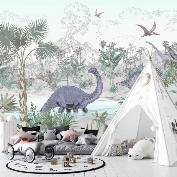 Blue Dino World Wallpaper, Jungle Mural, Oversized Custom Size Wall Art, Non - Woven, Non - Adhesive, Modern Wall Paper, Removable - Adawall Wallpaper - Registered Trade Accounts Only, Wallpaper Wholesale Account - W77756 - Adawall Wholesale - Wallpaper Wholesaler