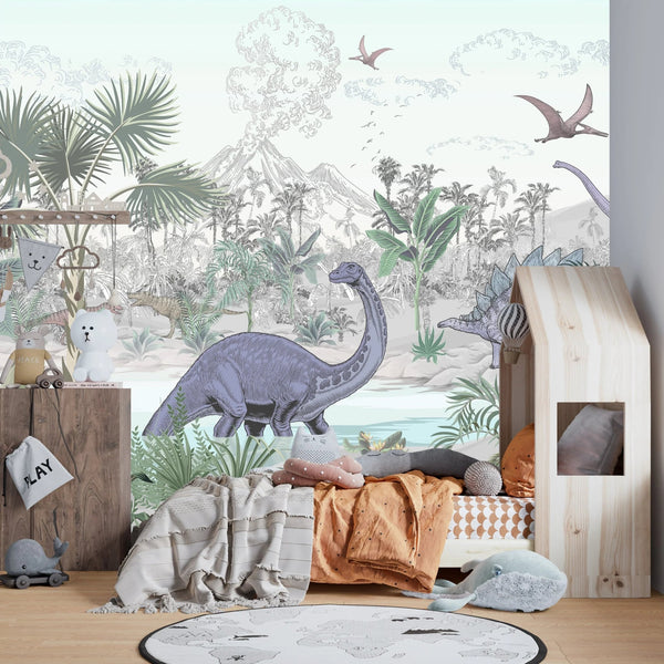 Blue Dino World Wallpaper, Jungle Mural, Oversized Custom Size Wall Art, Non - Woven, Non - Adhesive, Modern Wall Paper, Removable - Adawall Wallpaper - Registered Trade Accounts Only, Wallpaper Wholesale Account - W77756 - Adawall Wholesale - Wallpaper Wholesaler