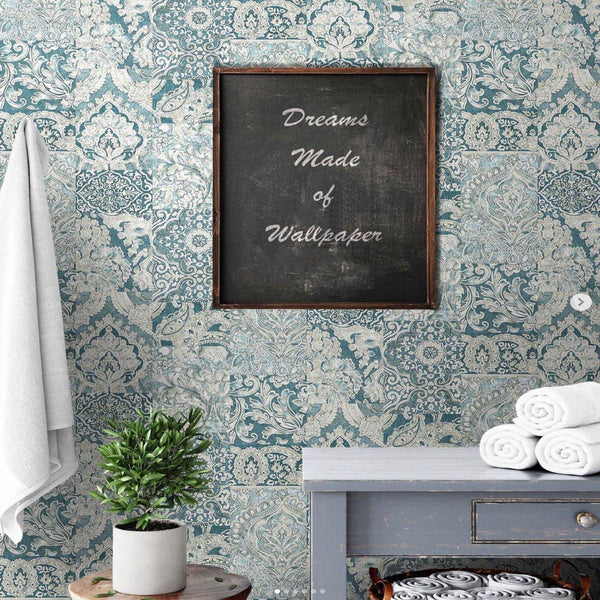 Blue Elegant Patchwork Deep Embossed Wallpaper, 3D Textured Luxury Damask Wallcovering - Walloro High End Wallcoverings & More