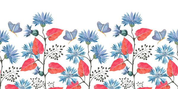 Blue Flowers, Red Leaves Wallpaper, Seamless Pattern Mural, Oversized Custom Size Wall Art, Non - Woven, Non - Adhesive, Modern Wall Paper, Removable - Adawall Wallpaper - Registered Trade Accounts Only, Wallpaper Wholesale Account - W78015 - Adawall Wholesale - Wallpaper Wholesaler