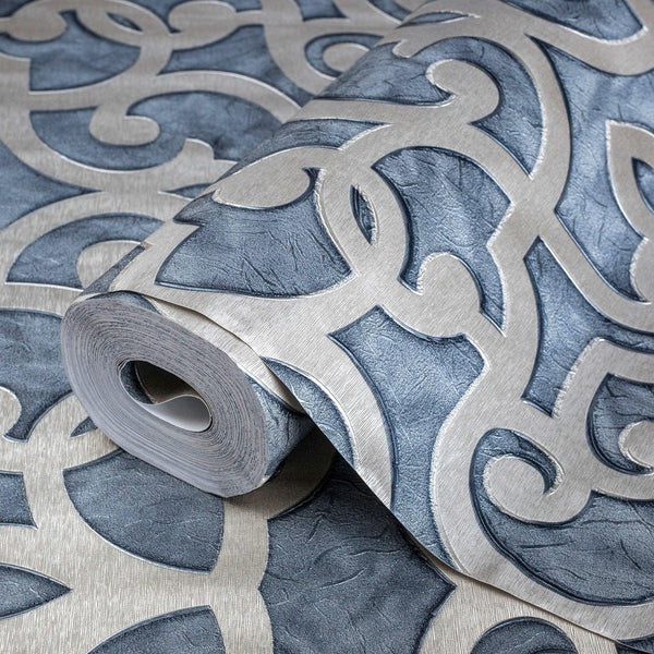 Blue Lace Trellis Wallpaper, Shiny Silver Gold Patterns Faded Colors Damask Design - Adawall Wallpaper - Registered Trade Accounts Only, Wallpaper Wholesale Account - 7810-4 - Adawall Wholesale - Wallpaper Wholesaler