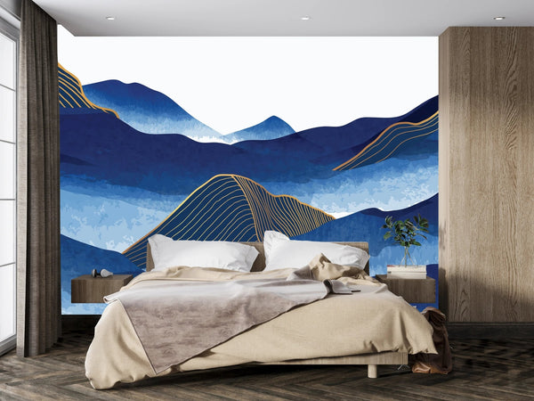 Blue Mountain Wallpaper, Golden Lines Mural, Oversized Custom Size Wall Art, Non - Woven, Non - Adhesive, Modern Wall Paper, Removable - Adawall Wallpaper - Registered Trade Accounts Only, Wallpaper Wholesale Account - W77824 - Adawall Wholesale - Wallpaper Wholesaler