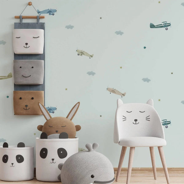 Blue Wallpaper with Planes, Sky, Stars and Clouds, Boys Bedroom Wall Paper, Nursery Wallpaper, 114 sq ft, Kids Room Wallpaper, Washable - Adawall Wallpaper - Registered Trade Accounts Only, Wallpaper Wholesale Account - 8907-2 - Adawall Wholesale - Wallpaper Wholesaler