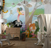 Kids Animals in Jungle Wallpaper, Wild Tropical Mural, Oversized Custom Size Wall Art, Non-Woven, Non-Adhesive, Modern Wall Paper, Removable