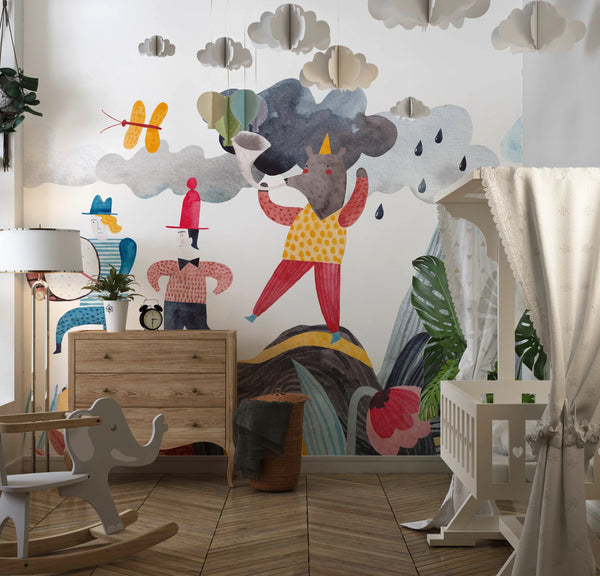 A Cheerful Friends Wallpaper, Travels Mural, Oversized Custom Size Wall Art, Non-Woven, Non-Adhesive, Modern Wall Paper, Removable