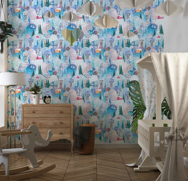 Childish Forest Wallpaper, Winter Seamless Pattern Mural, Oversized Custom Size Wall Art, Non-Woven, Non-Adhesive, Modern Wall Paper, Removable