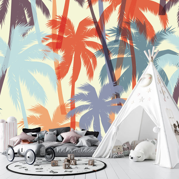 Tropical Summer Print with Palms Wallpaper, Seamless Pattern Mural, Oversized Custom Size Wall Art, Non-Woven, Non-Adhesive, Modern Wall Paper, Removable