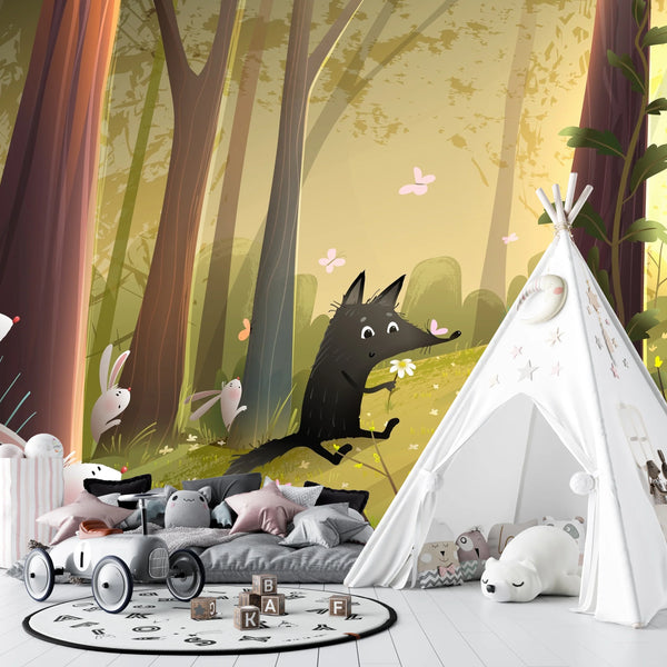 Cute Wild Forest Wallpaper, Wolf and Bunnies Mural, Oversized Custom Size Wall Art, Non-Woven, Non-Adhesive, Modern Wall Paper, Removable