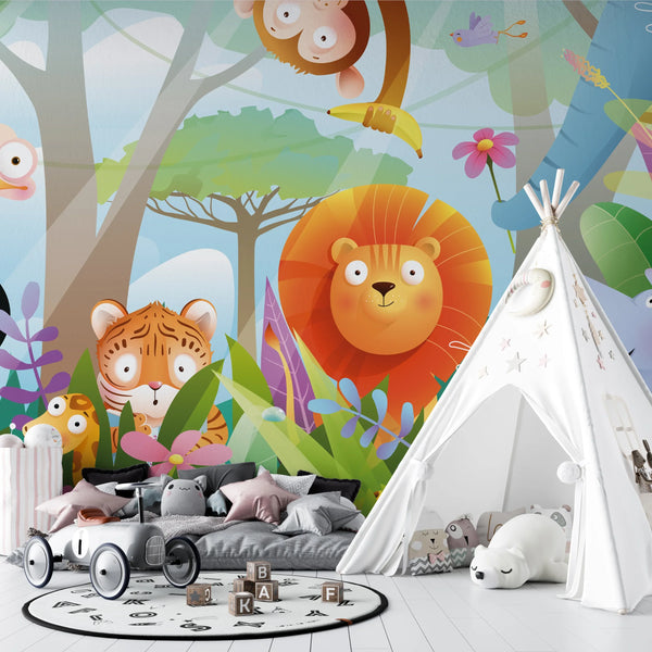 Kids Animals in Jungle Wallpaper, Wild Tropical Mural, Oversized Custom Size Wall Art, Non-Woven, Non-Adhesive, Modern Wall Paper, Removable